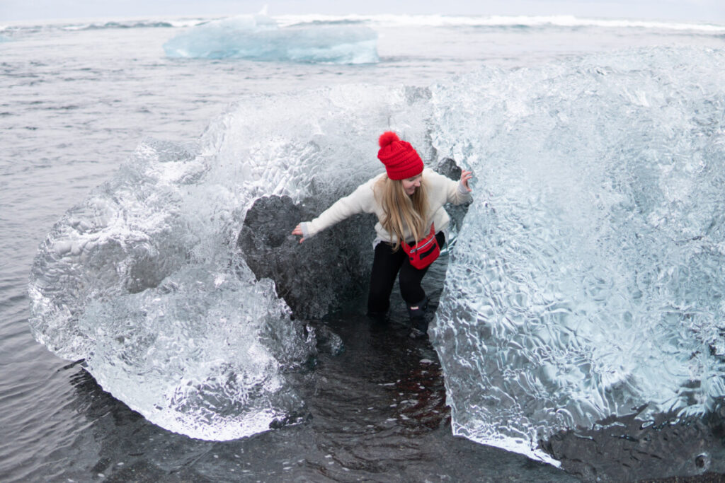 Exploring the ice around Diamond Beach in Iceland